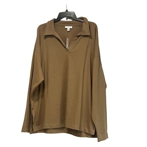 TOPSHOP Women’s Oversize Long Sleeve Cotton Polo in Taupe, Sz. 12 - Picture 2 of 10